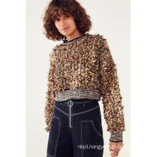 Blue Boucle Pullover Cropped Sweater